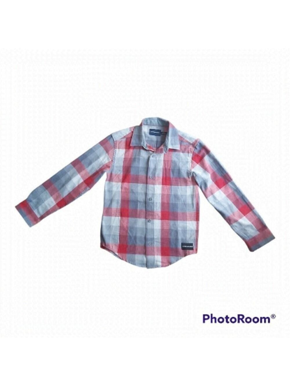 Calvin Klein Jeans Boys Size 8 (S) Red/White/Gray Plaid Button Down Shirt